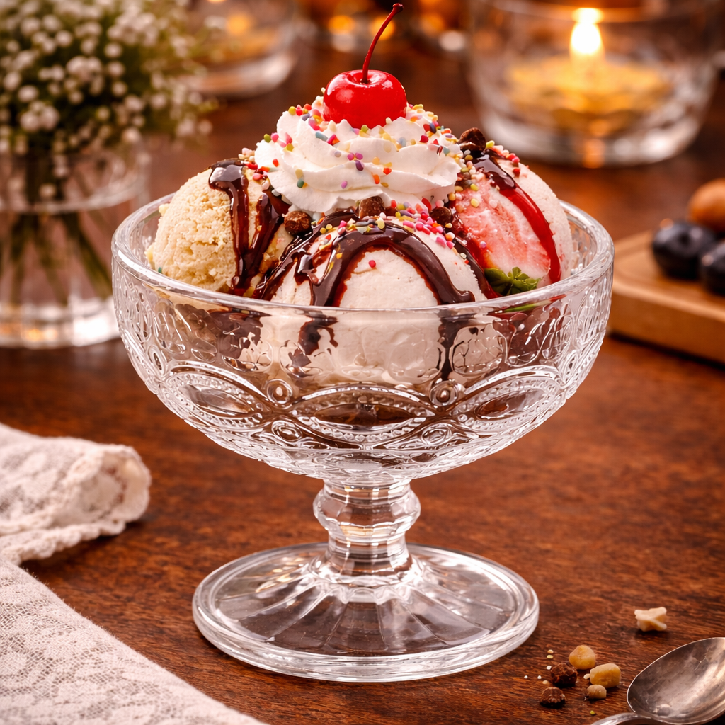 Style B embossed glass dessert cup with a patterned bowl and pedestal stem