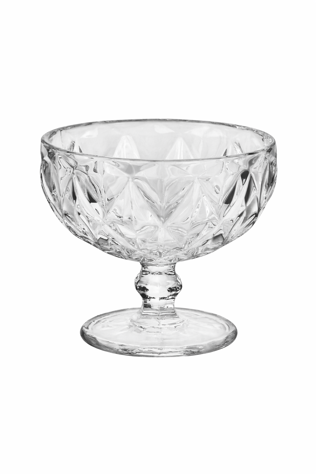 Clear embossed glass dessert cups photographed against a white background