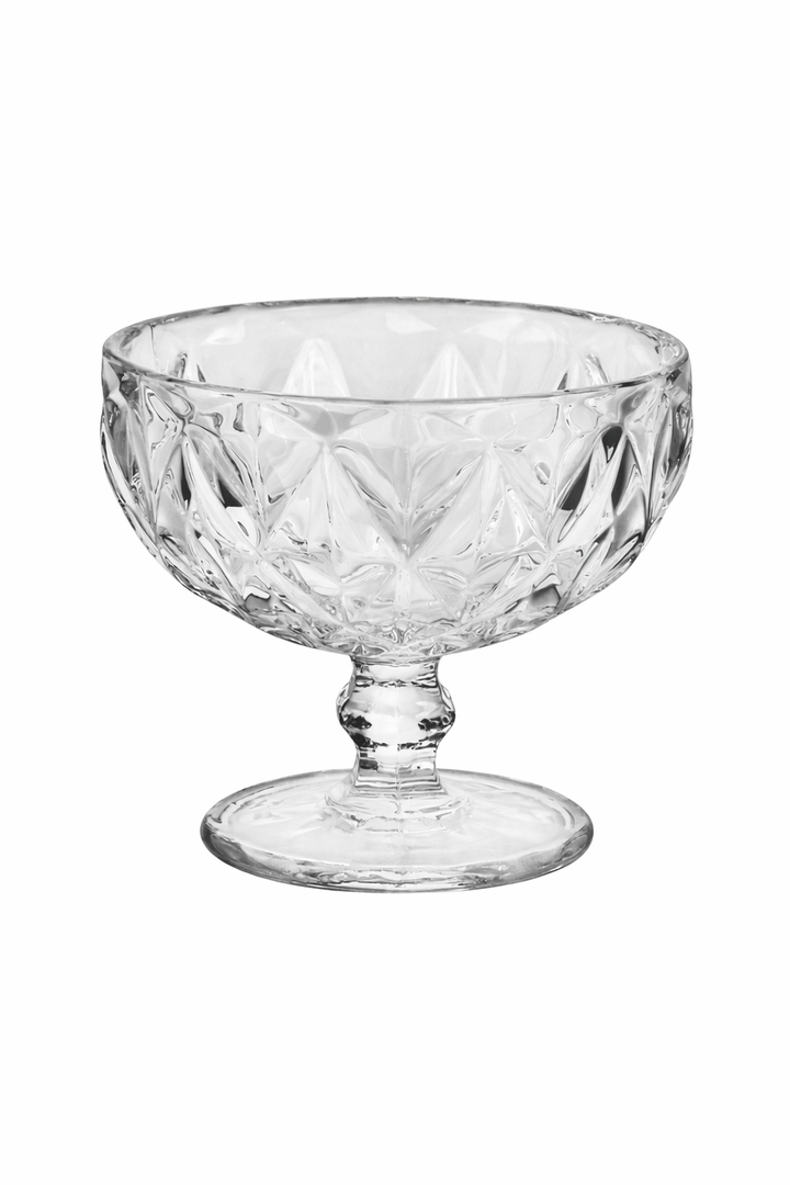 Clear embossed glass dessert cups photographed against a white background