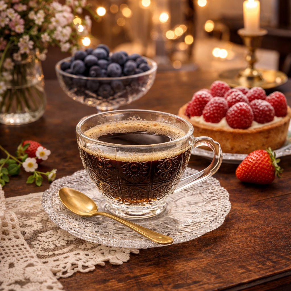 Vintage embossed glass teacup and saucer set styled with coffee and berries