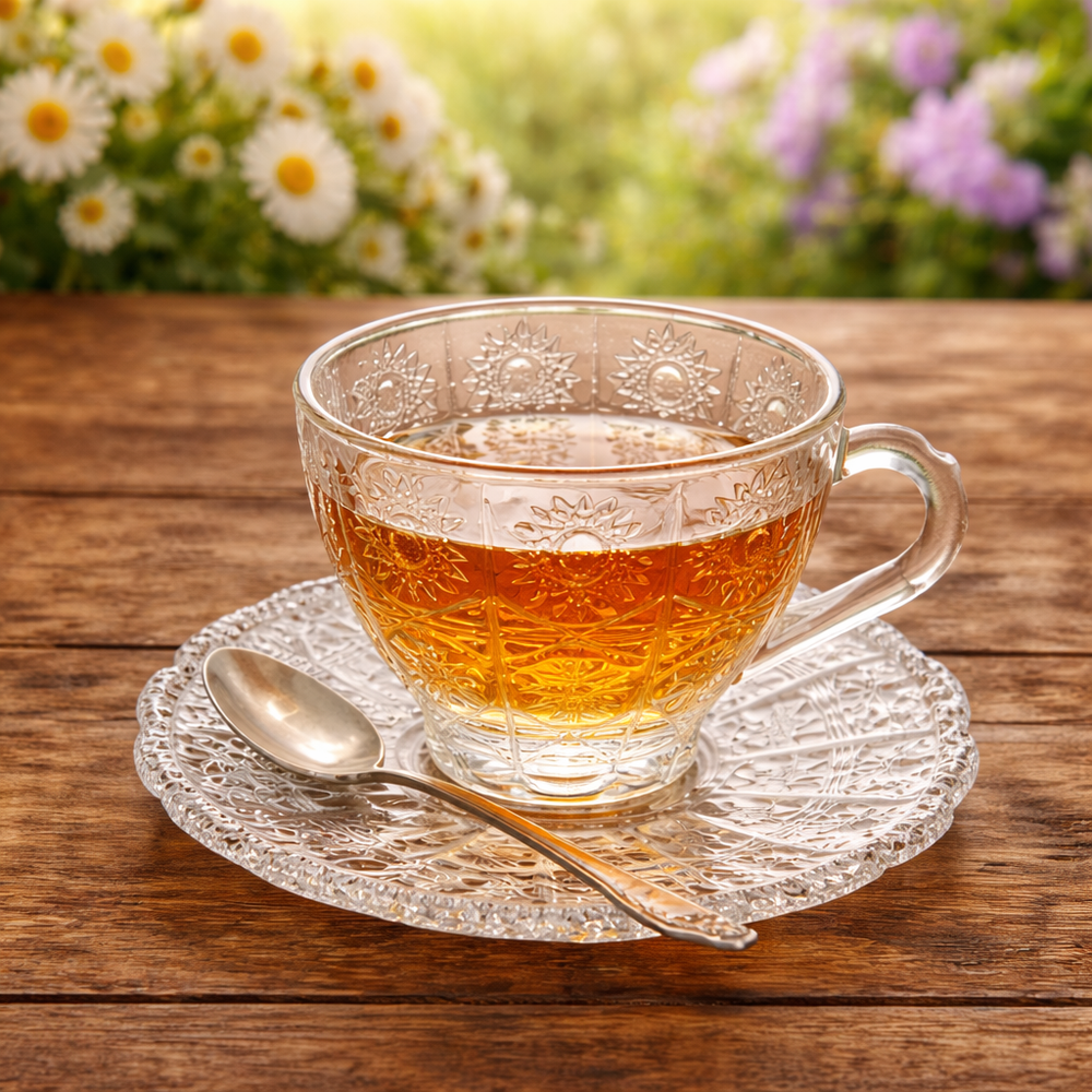 Clear glass teacup and saucer with sunburst floral embossing