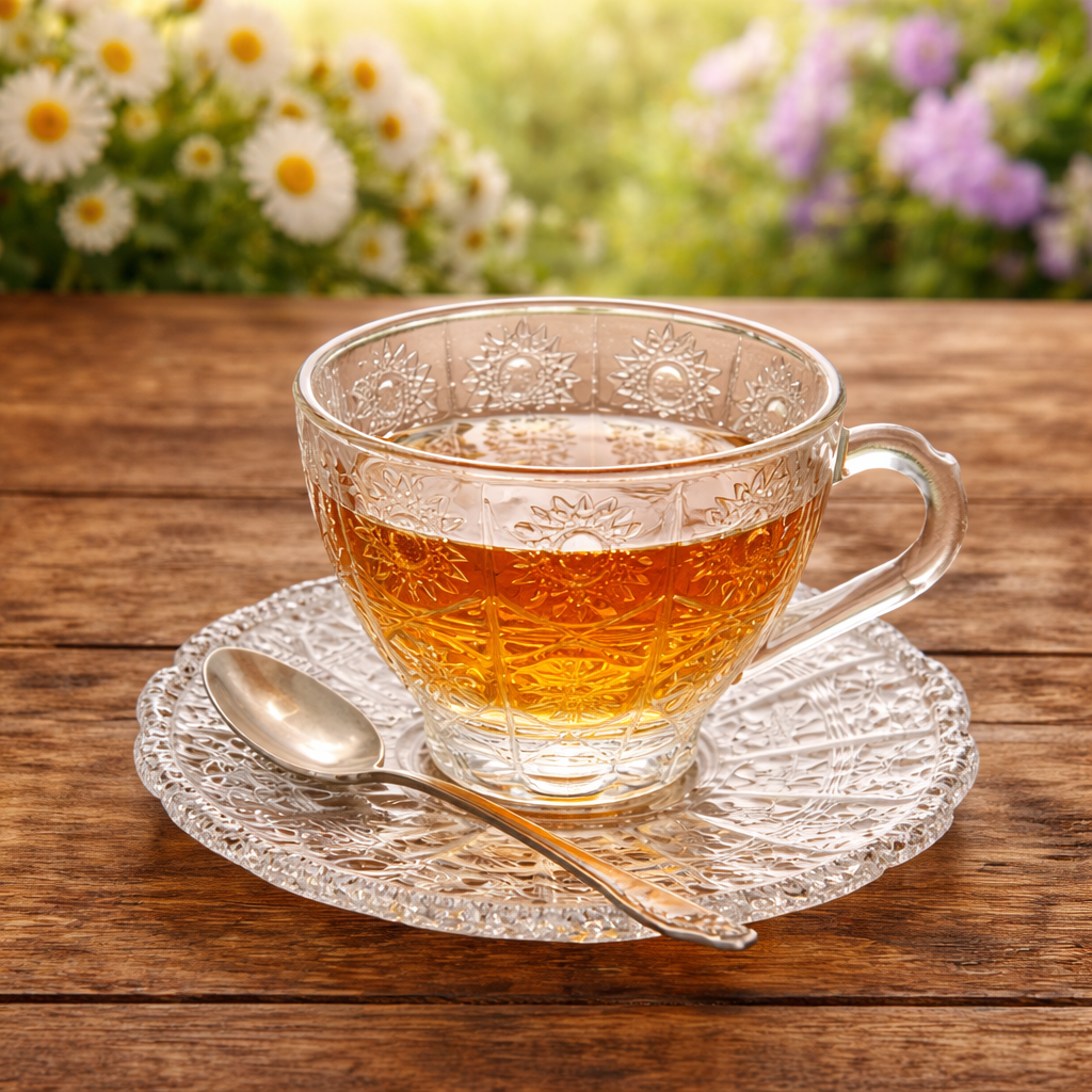 Clear glass teacup and saucer with sunburst floral embossing