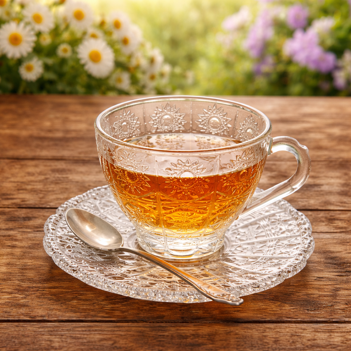 Clear glass teacup and saucer with sunburst floral embossing