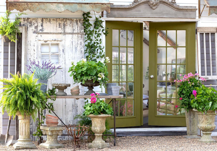 Charming garden setup with ornate stone urns and potted plants by a rustic building with green French doors.