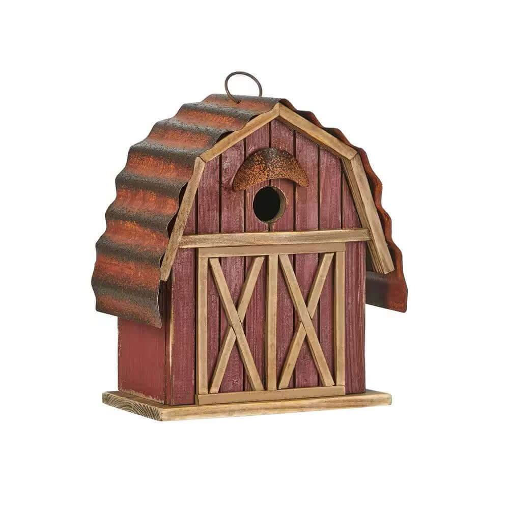 Vintage Farmhouse Barn Birdhouse with red wood finish and rustic metal roof, ideal for garden decor and attracting birds.