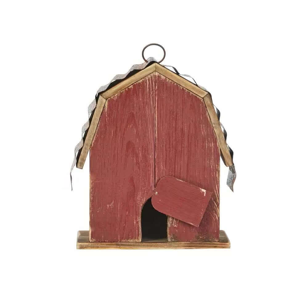 Vintage Farmhouse Barn Birdhouse with weathered red finish and rustic metal roof, perfect for adding rural charm to any garden.