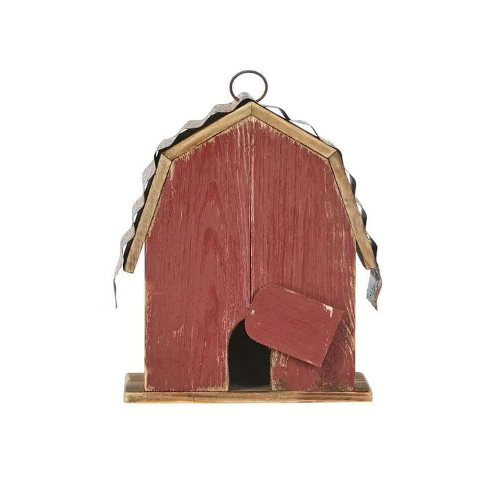 Vintage Farmhouse Barn Birdhouse with weathered red finish and rustic metal roof, perfect for adding rural charm to any garden.