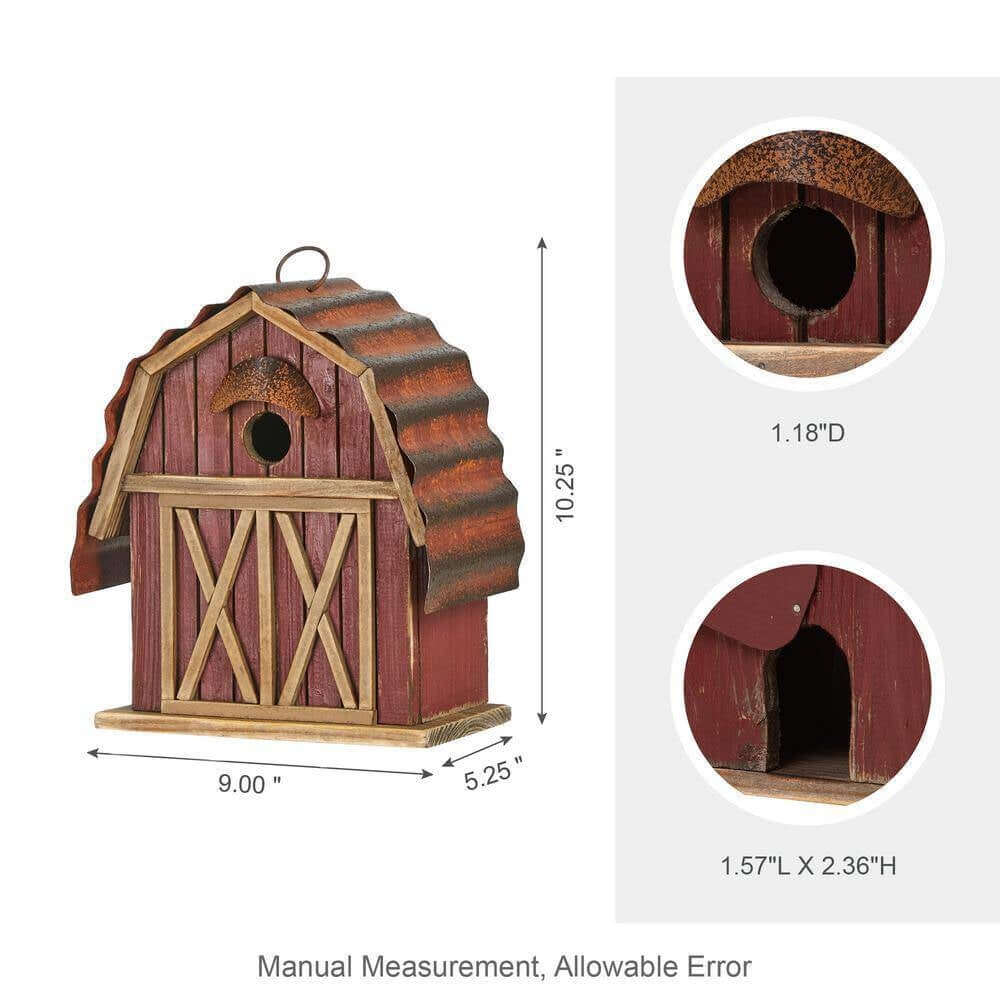 Vintage Farmhouse Barn Birdhouse with rustic metal roof, solid wood body, and dimensions: 10.25"H x 9.00"W x 5.25"D.