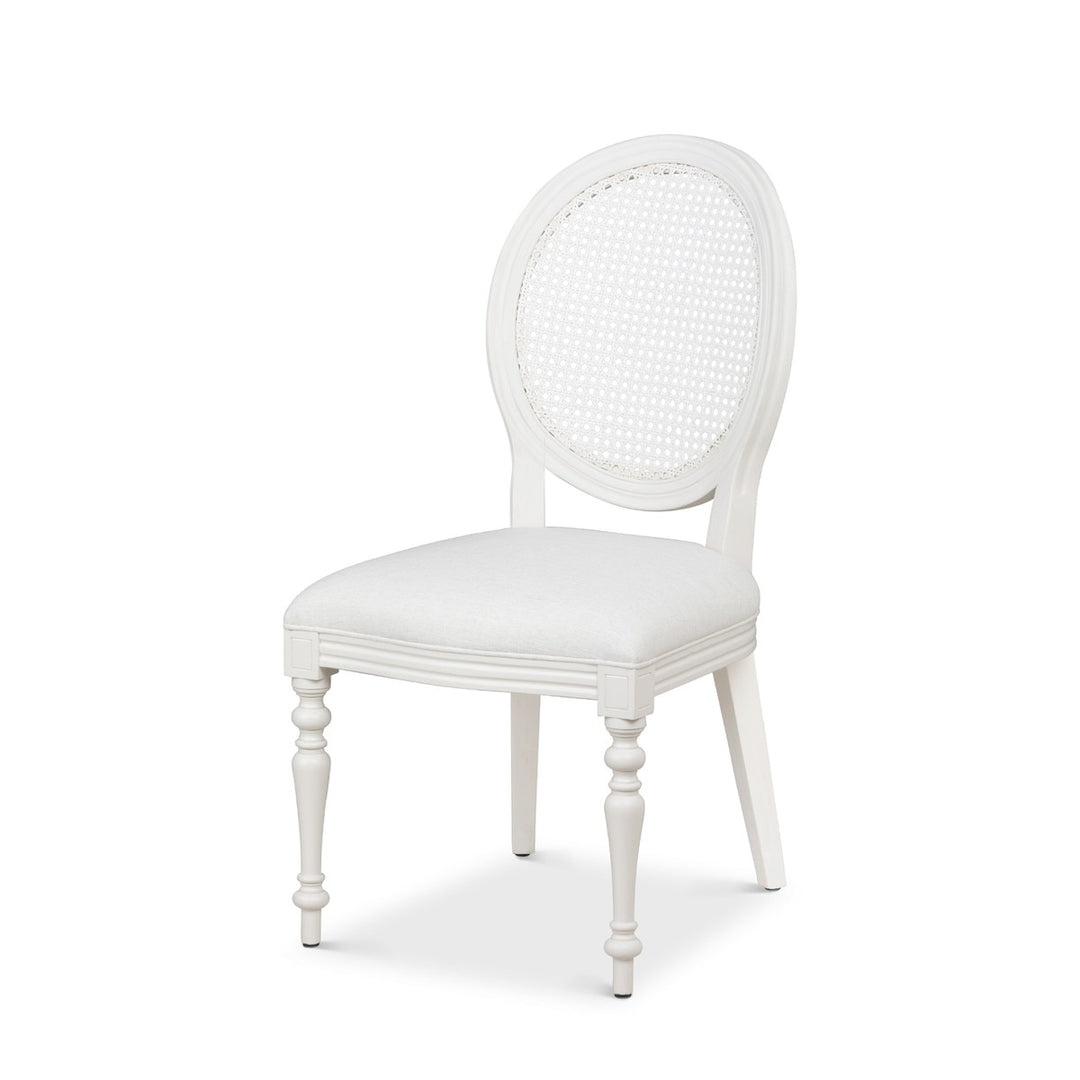 Vintage Farmhouse Cane Back Dining Chair with hand-carved wood and linen upholstery inspired by Cotswold craftsmanship