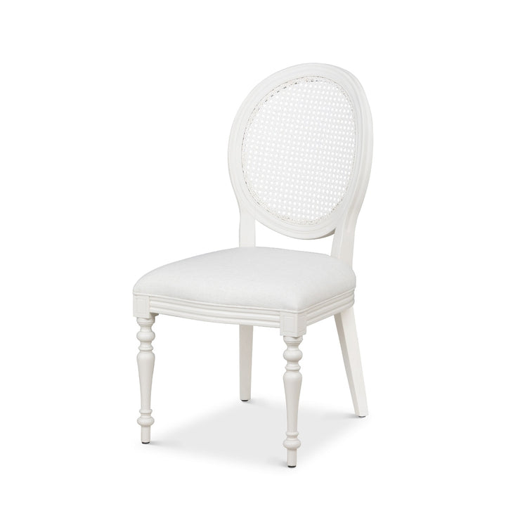 Vintage Farmhouse Cane Back Dining Chair with hand-carved wood and linen upholstery inspired by Cotswold craftsmanship