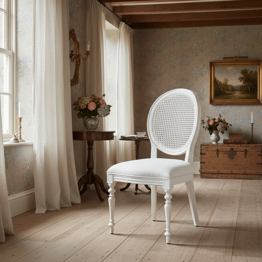 Vintage Farmhouse Cane Back Dining Chair in rustic room with floral decor and sunlight filtering through windows, evoking Cotswold craft.