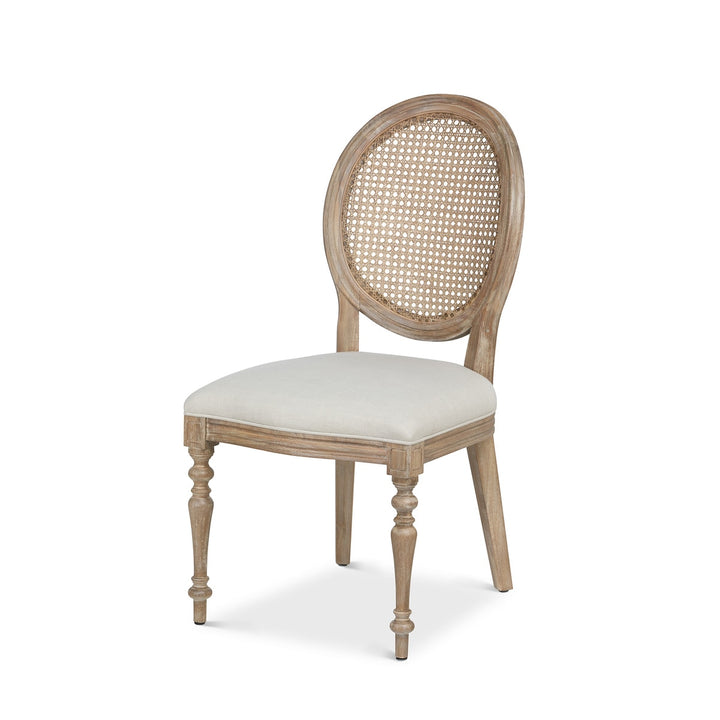 Vintage Farmhouse Cane Back Dining Chair with linen upholstery and hand-carved wood, inspired by Cotswold craft.