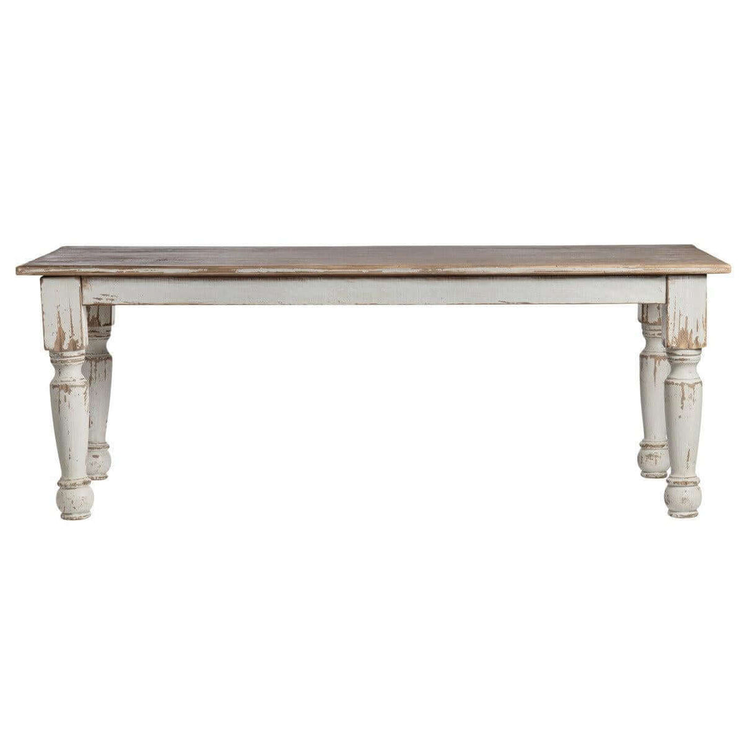 Alt Tag: Vintage Farmhouse Harvest Dining Table in Antique White with distressed finish and hand-turned legs.