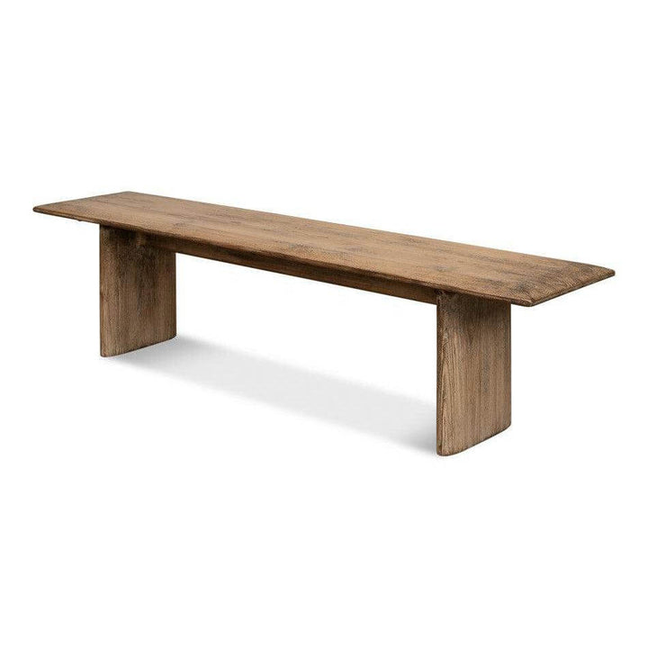 Vintage Farmhouse Reclaimed Pine Bench with natural finish and rustic wooden texture, highlighting unique knots and subtle cracks.