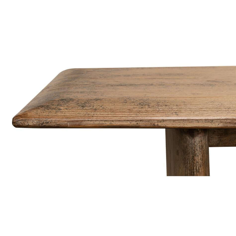 Vintage Farmhouse Reclaimed Pine Bench with rustic wood texture and natural finish, highlighting historic charm and imperfections.