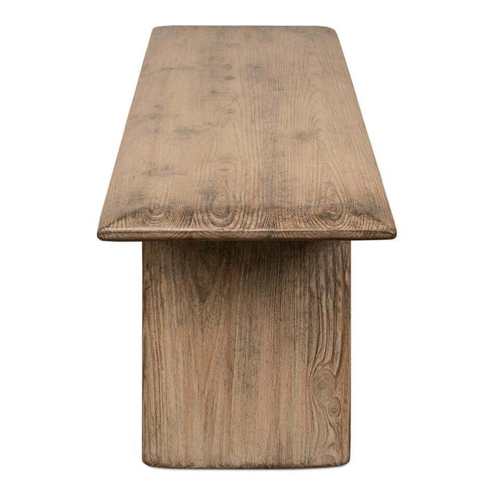 Vintage Farmhouse Reclaimed Pine Bench with natural wood grain texture.