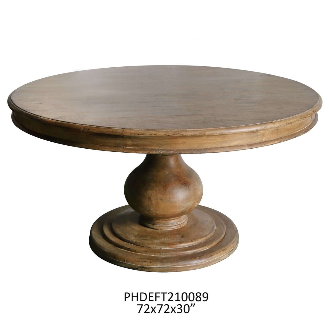 Vintage Farmhouse Round Dining Table with pedestal base, solid natural wood, 72-inch diameter, crafted for timeless elegance.