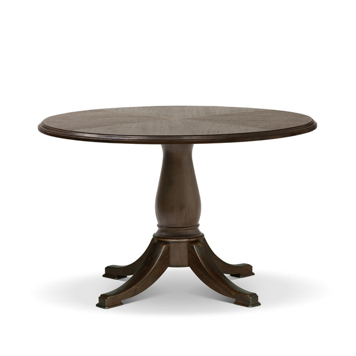 Vintage Farmhouse Round Pedestal Dining Table with Cotswold-inspired design and dark wood finish, perfect for family gatherings.