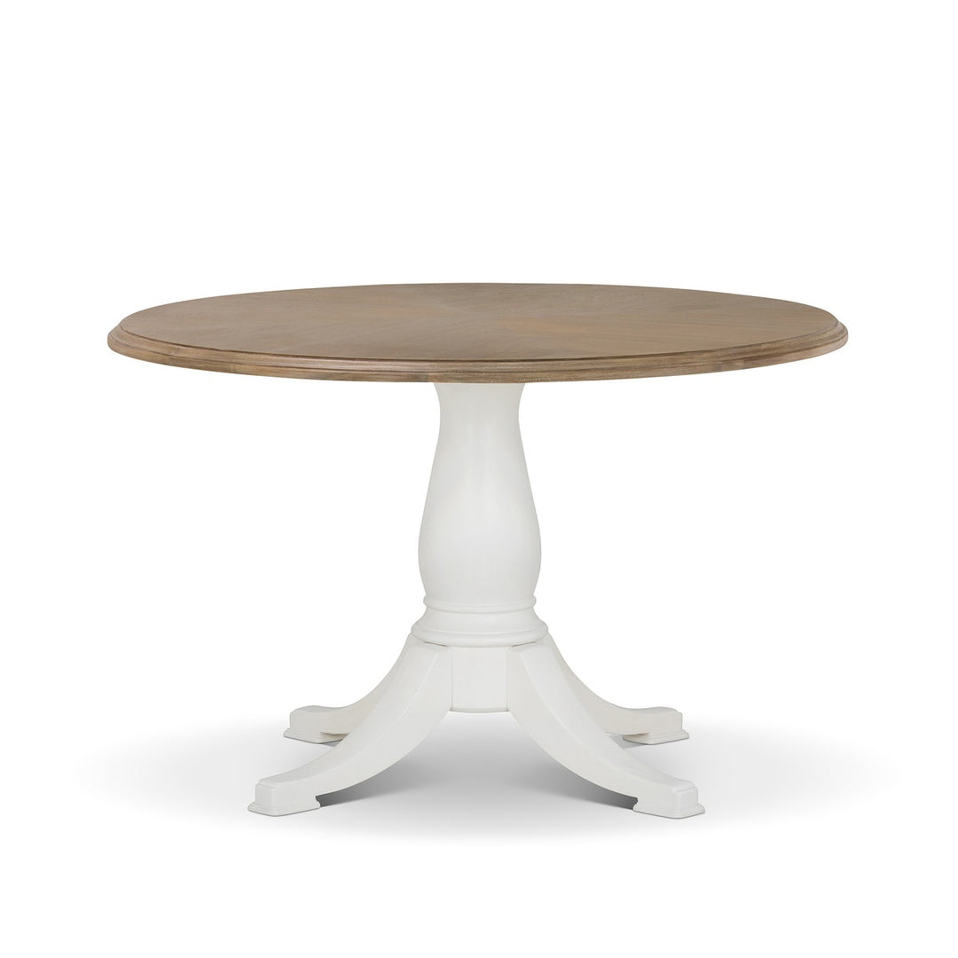 Vintage Farmhouse Round Pedestal Dining Table with rustic wood top and elegant white base