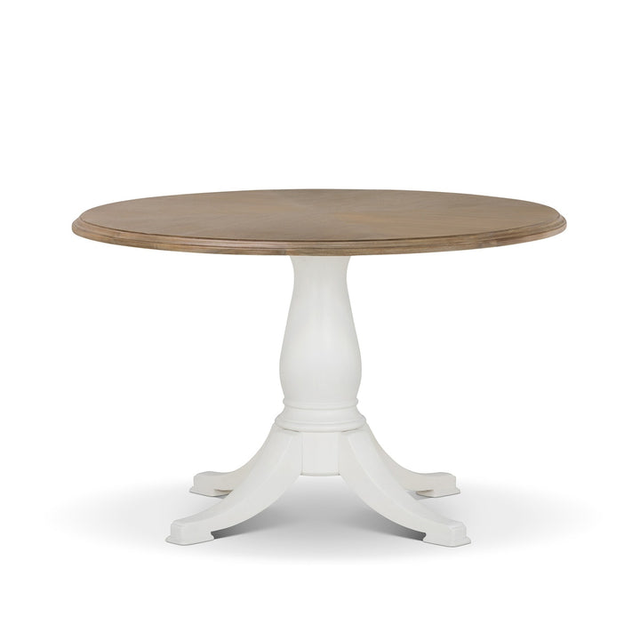 Vintage Farmhouse Round Pedestal Dining Table with rustic wood top and elegant white base