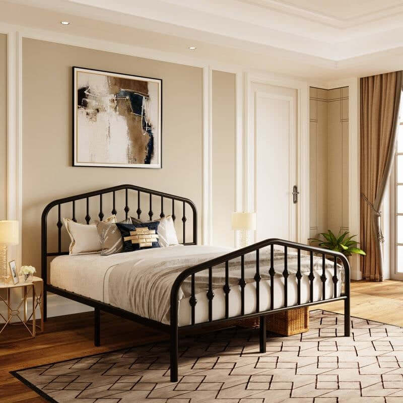 Vintage Farmhouse Spindle Black Metal Bed in elegant bedroom setting with arched headboard and footboard featuring spindle detailing.