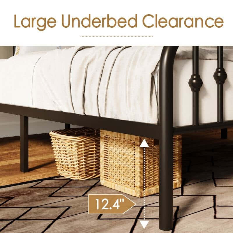 Vintage Farmhouse Spindle Black Metal Bed with large underbed clearance and 12.4-inch storage space, featuring classic spindle detailing.