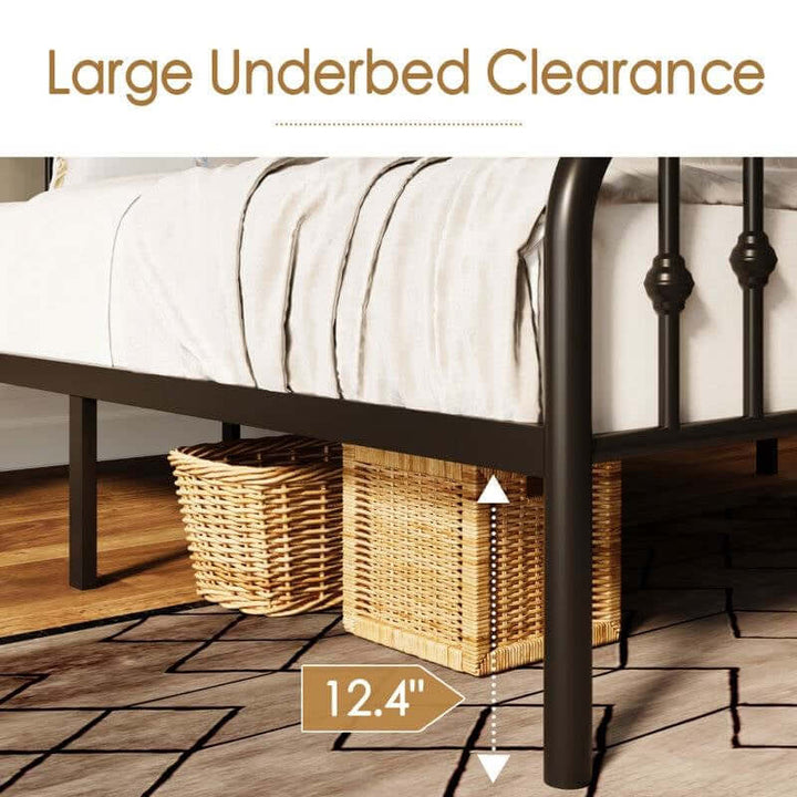 Vintage Farmhouse Spindle Black Metal Bed with large underbed clearance and 12.4-inch storage space, featuring classic spindle detailing.