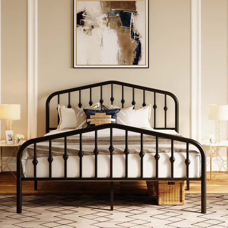 Vintage Farmhouse Spindle Black Metal Bed with arched headboard and footboard featuring classic spindle detailing in a cozy bedroom.