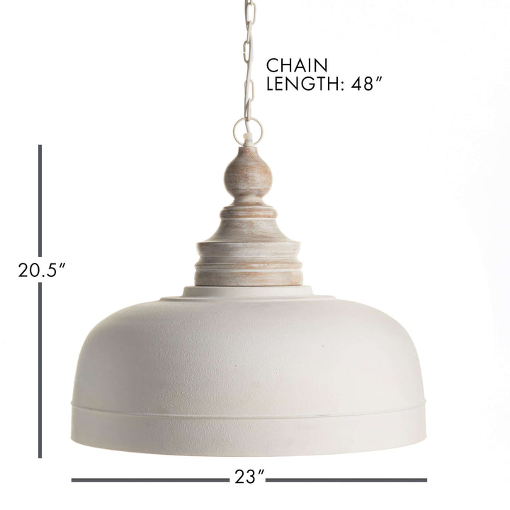 Vintage farmhouse white dome pendant light with wood finial, 20.5" height, 23" diameter, 48" chain.