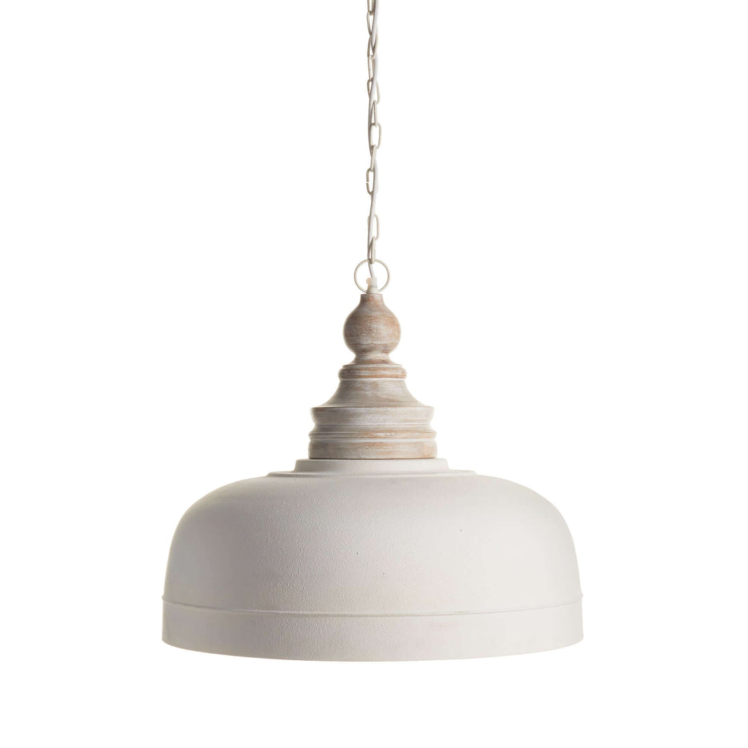 Vintage farmhouse white dome pendant light with wood finial, perfect for adding charm to any space.