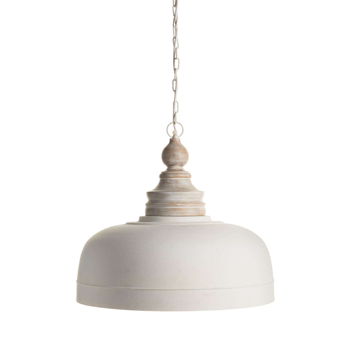 Vintage farmhouse white dome pendant light with wood finial, perfect for adding charm to any space.