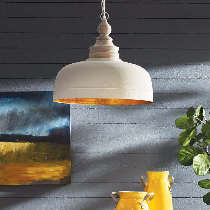 Vintage farmhouse white dome pendant light with wood finial, enhancing decor with its elegant design.