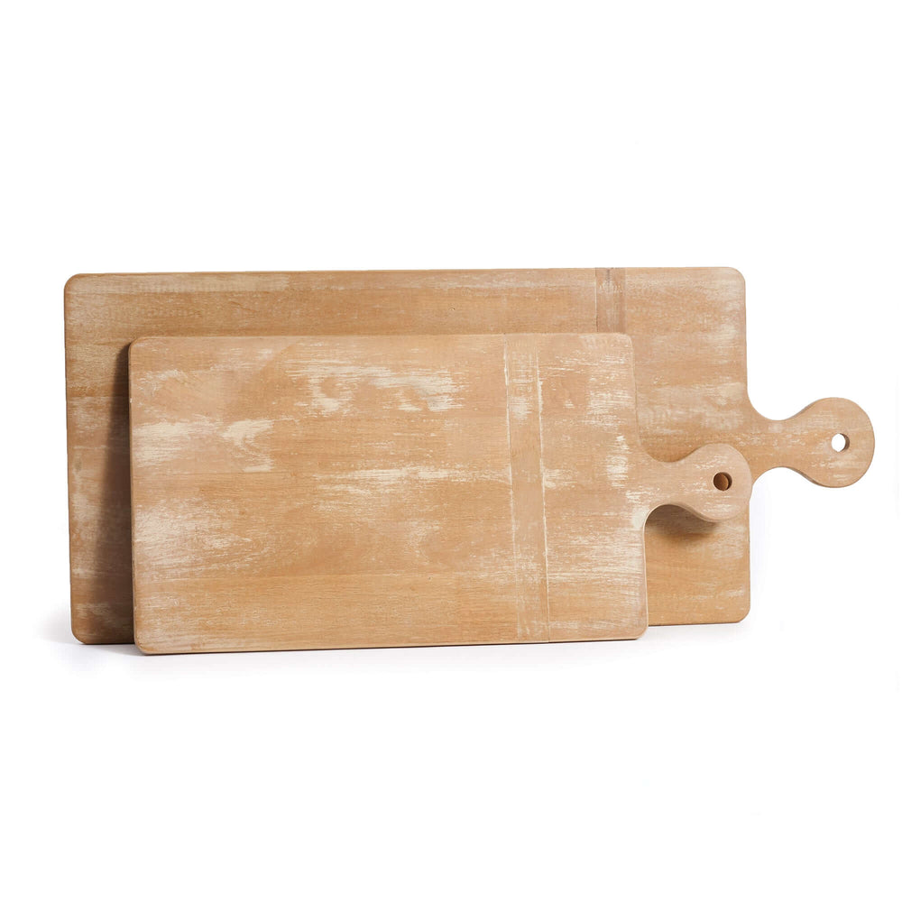 Set of 2 vintage farmhouse wood cutting boards with a lightly whitewashed finish.
