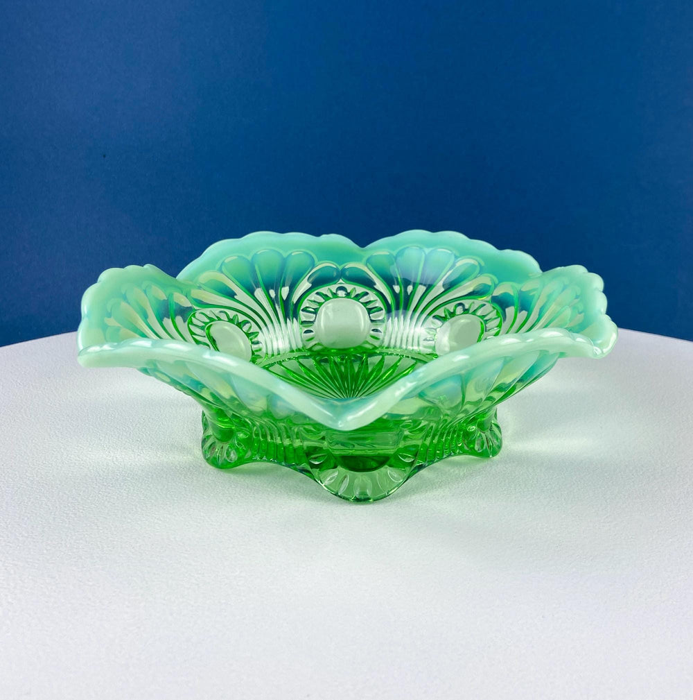 Vintage Fenton Emerald Green Depression Glass Fruit Candy Serving Bowl with Art Deco Motifs. Opaque Scalloped Edge. Dining Room Table Decor.