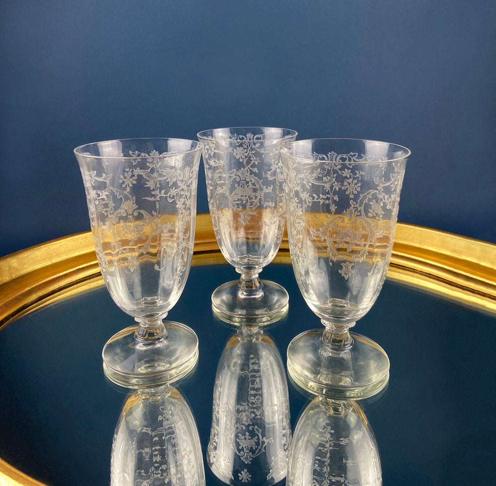Vintage Fostoria Navarre Juice Water Goblets. Set of 6 Etched Crystal Glasses. Home Decor. Dining Room Decor. Collectible Glassware.
