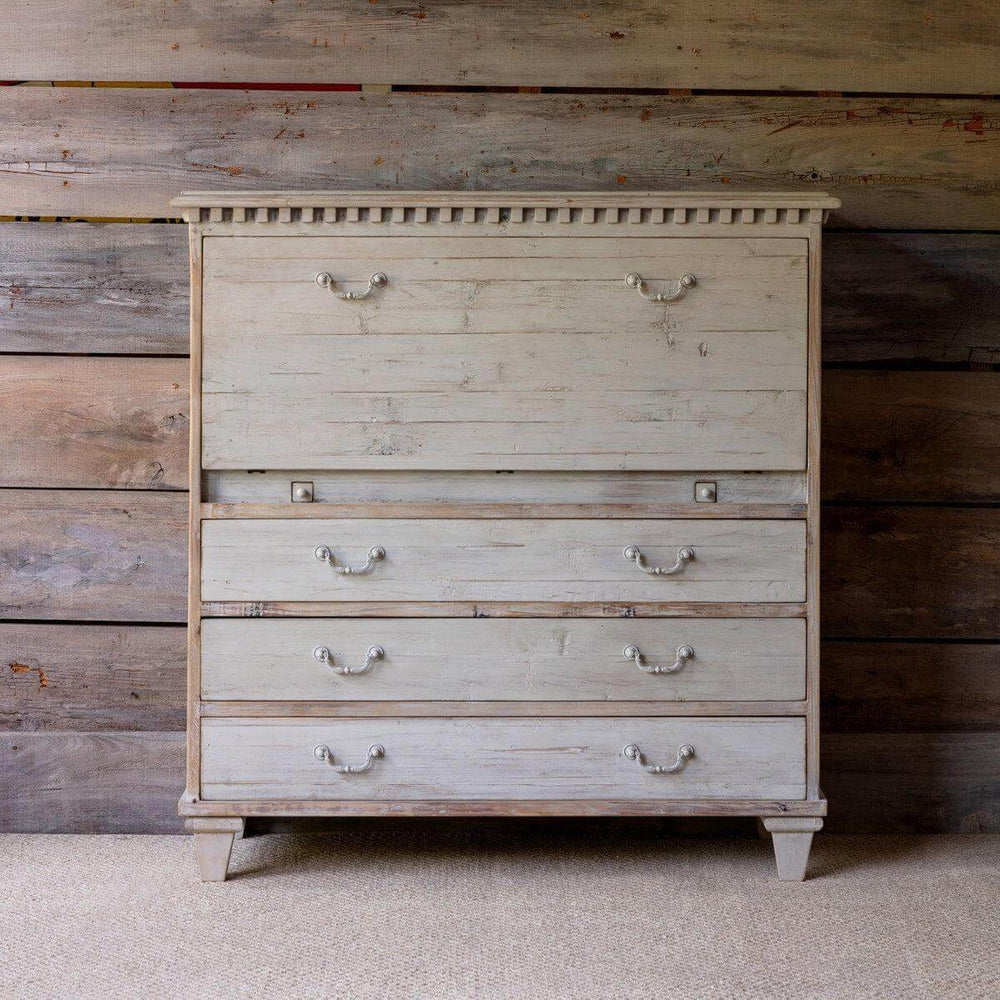 Vintage French Country Secretary Desk with rustic farmhouse charm and antique white patina against wooden backdrop