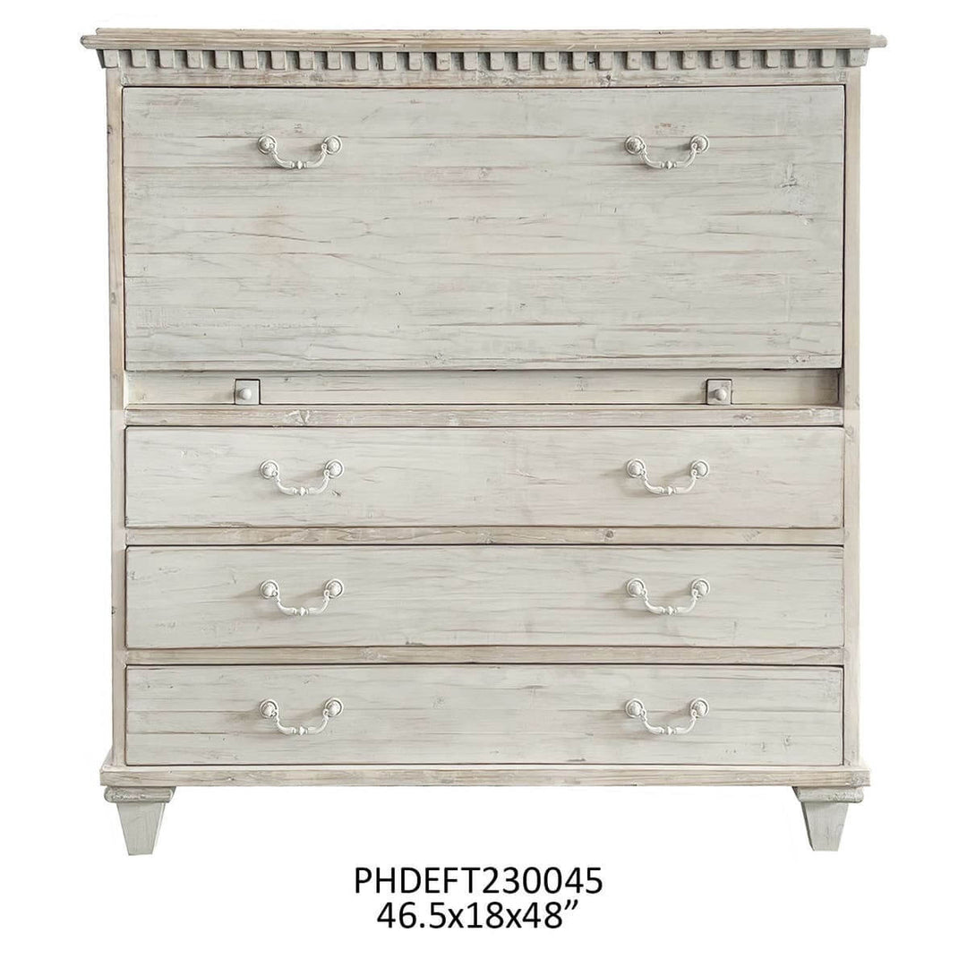 Vintage French Country Secretary Desk in antique white patina with drawers and hutch detail, 46.5x18x48 inches.