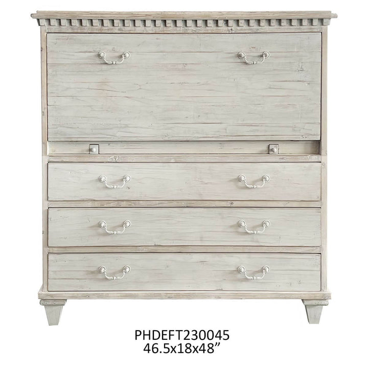 Vintage French Country Secretary Desk in antique white patina with drawers and hutch detail, 46.5x18x48 inches.