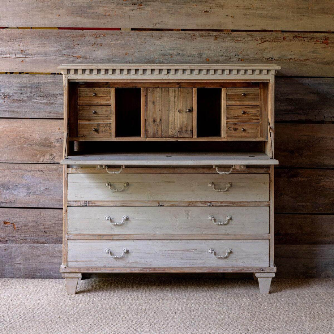 Vintage French Country Secretary Desk in weathered antique white patina with rustic farmhouse style and solid wood craftsmanship.