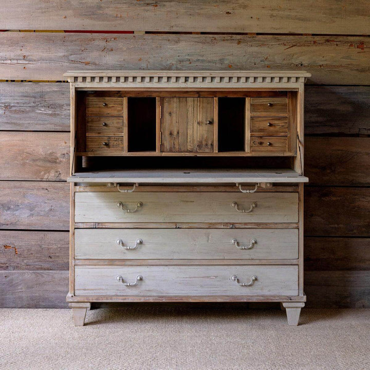 Vintage French Country Secretary Desk in weathered antique white patina with rustic farmhouse style and solid wood craftsmanship.
