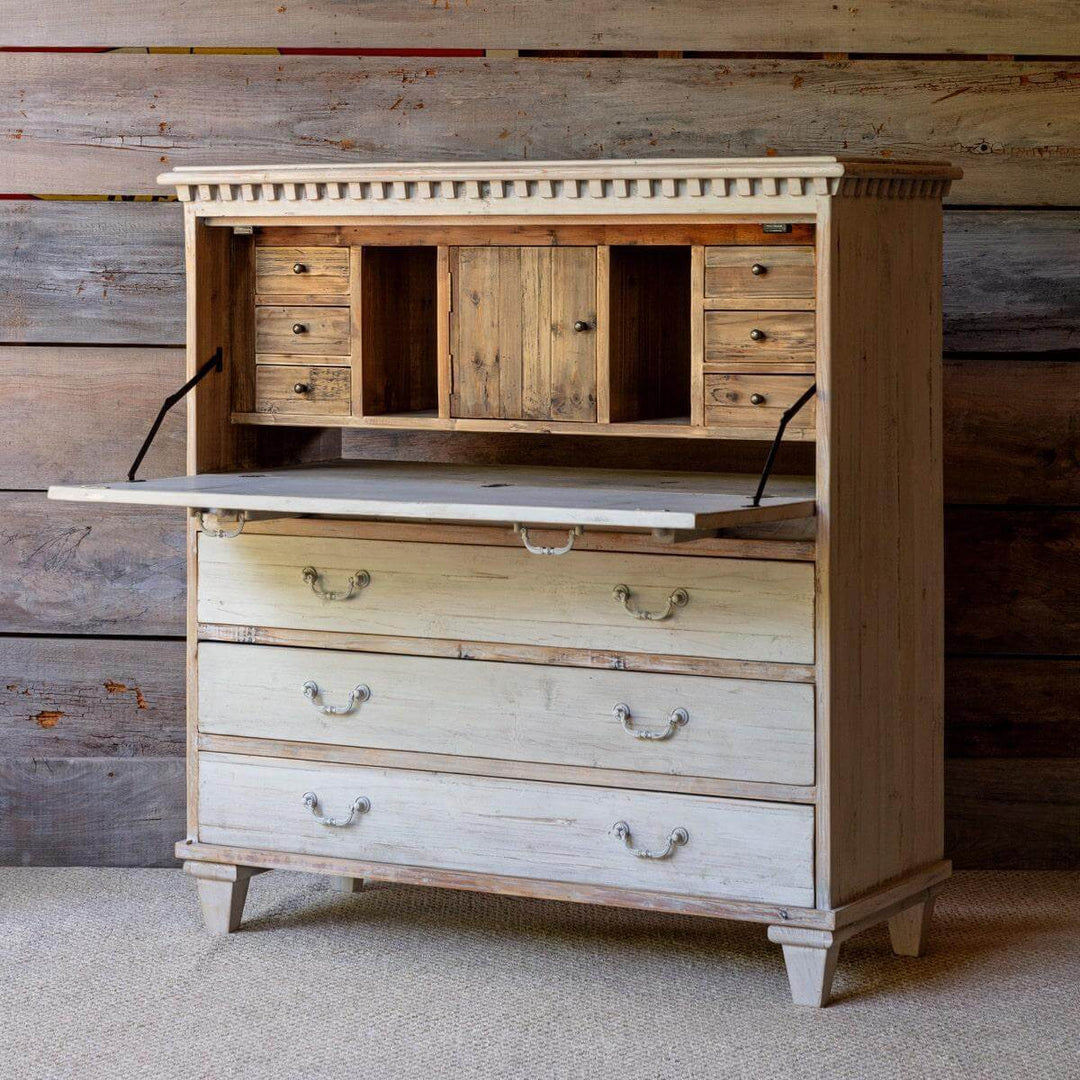 Vintage French Country Secretary Desk with weathered antique white finish and rustic design, featuring multiple drawers and compartments.