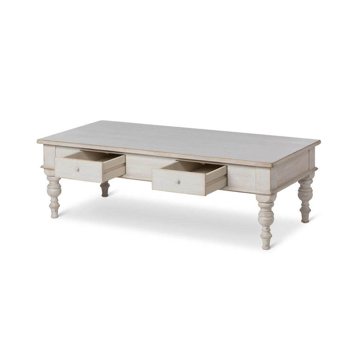 Vintage French Country Whitewashed Coffee Table With Drawers showcasing elegant design and functionality.