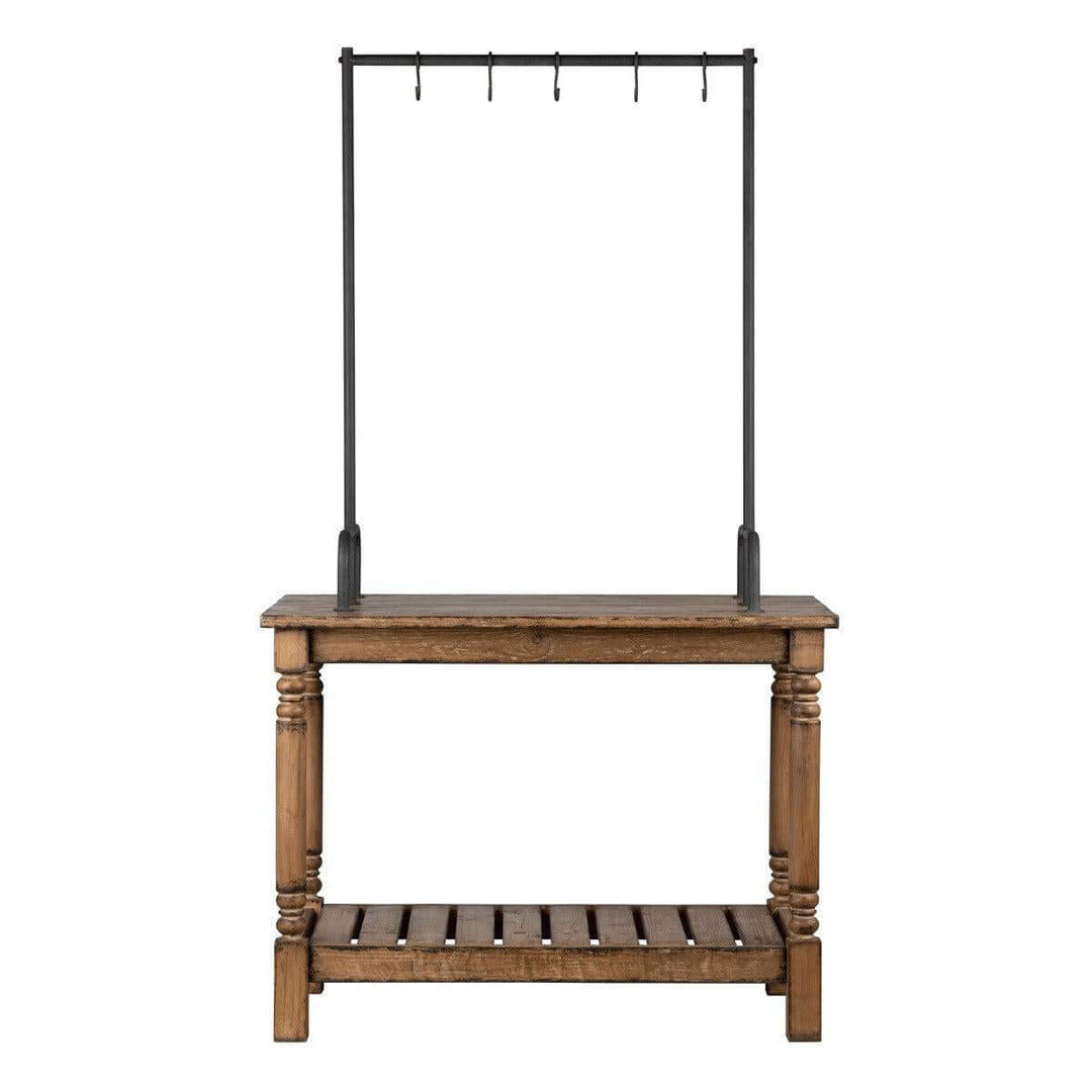 Vintage French Patisserie Kitchen Island with weathered wood finish and hooks, inspired by European craftsmanship and Parisian patisseries.
