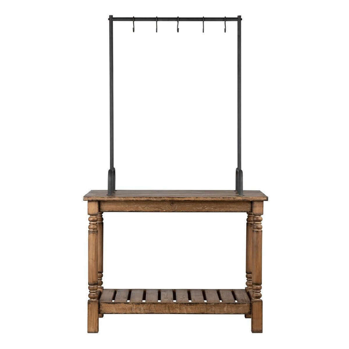 Vintage French Patisserie Kitchen Island with weathered wood finish and hooks, inspired by European craftsmanship and Parisian patisseries.