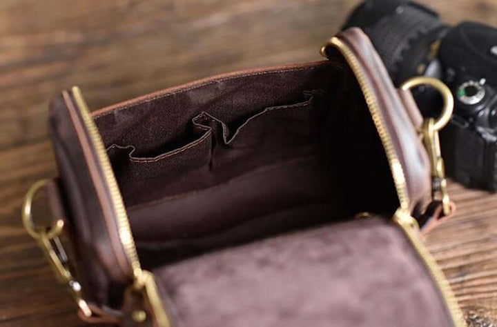 Interior view of Vintage Full-Grain Leather Camera Bag showing compartments for camera gear