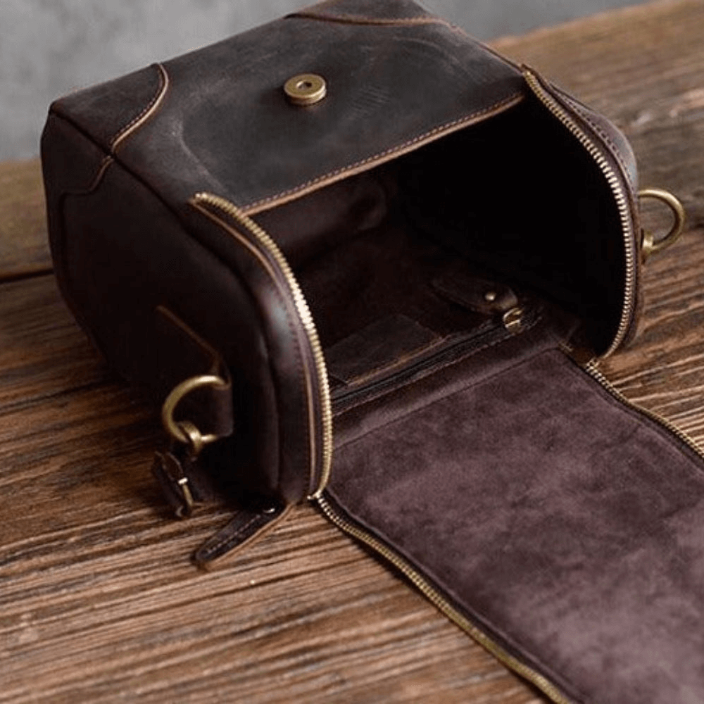 Vintage Full-Grain Leather Camera Bag with open interior displaying craftsmanship