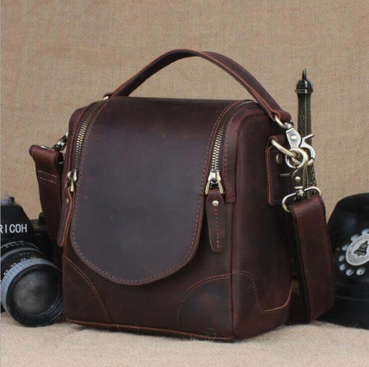 Vintage Full-Grain Leather Camera Bag with classic design and artisanal craftsmanship