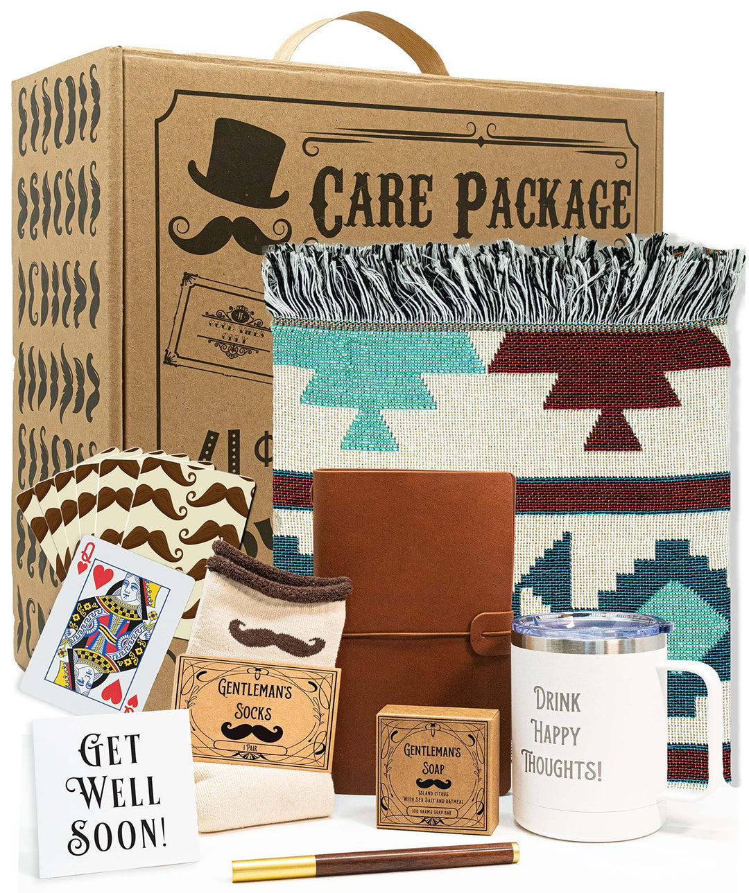 Vintage Gentleman’s Get Well Soon Care Package Gift Box with blanket, mug, socks, soap, and cards.