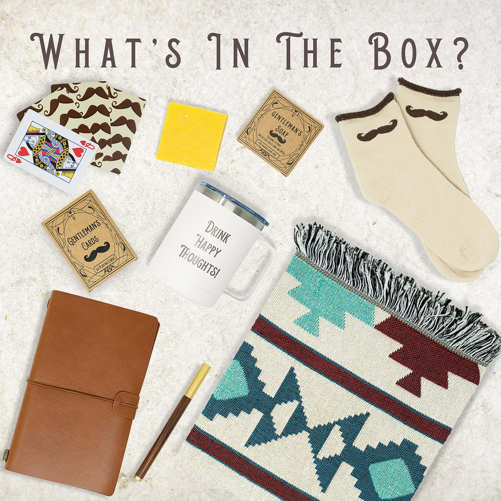Vintage Gentleman’s Get Well Soon Care Package Gift Box with cozy items like socks, mug, journal, playing cards, and blanket.