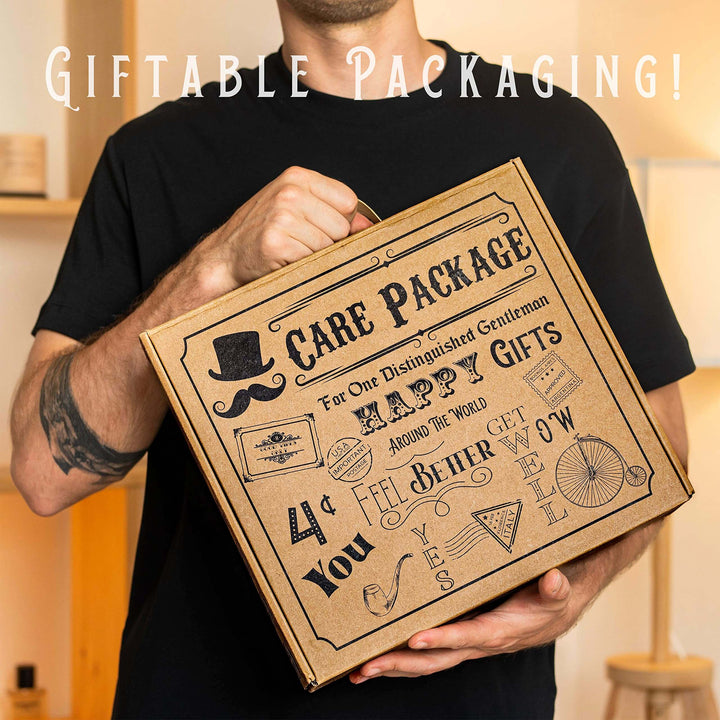Vintage Gentleman’s Get Well Soon Care Package Gift Box with unique vintage design held by a man, perfect for gifting.